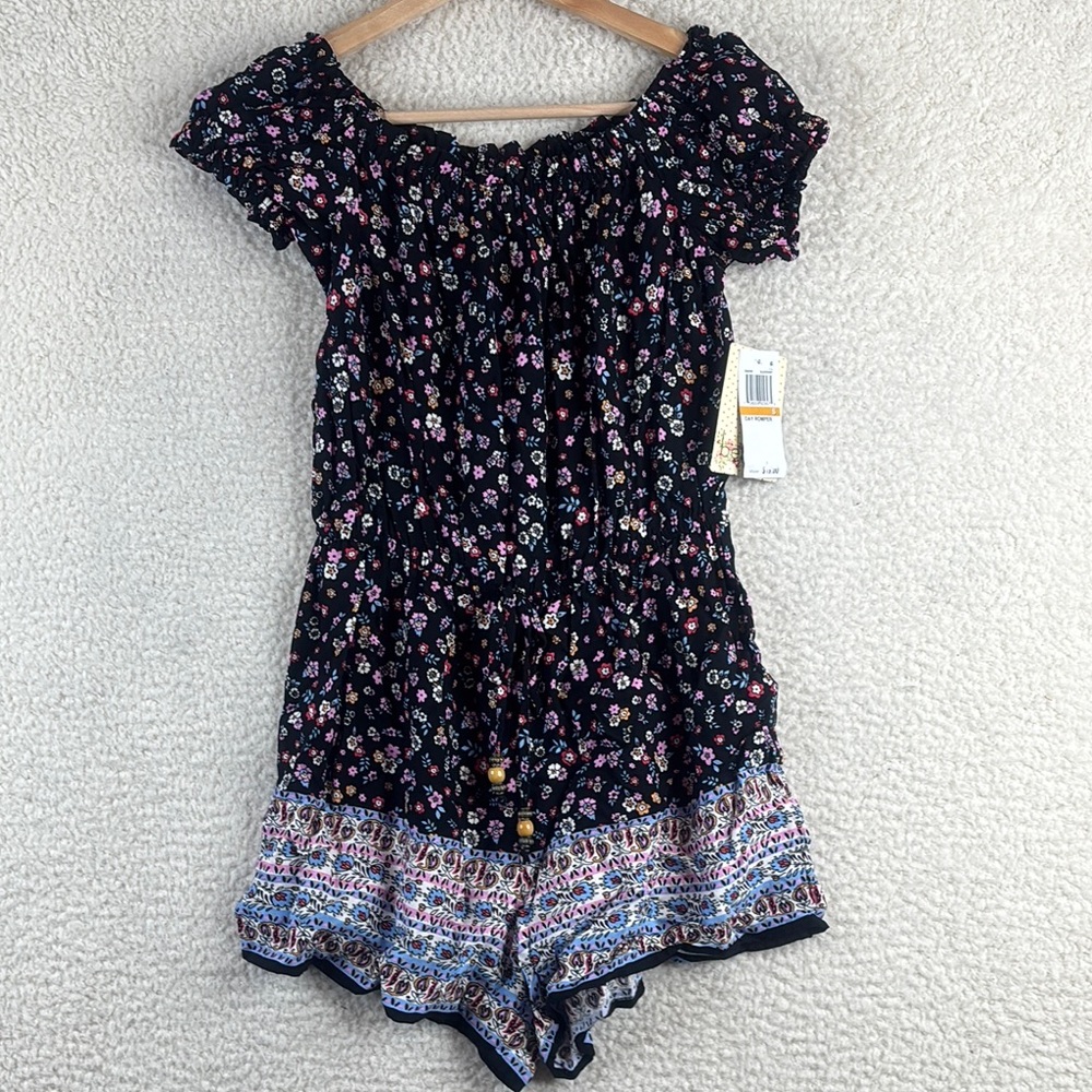 NWT Bebop Womens Black Floral Off The Shoulder Drawstring Waist Romper Size S